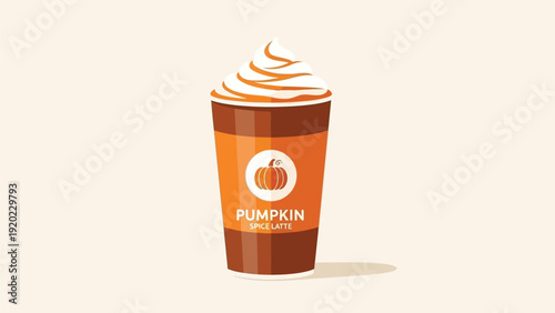 Flat lay of a pumpkin spice latte with whipped cream in a disposable cup on a beige background.