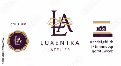 Luxentra Atelier Logo with Elegant 'LA' Letters and Couture Branding, Luxury Fashion Design on an isolated white background