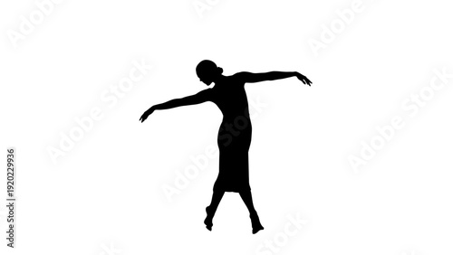 Silhouette of a graceful dancer in elegant pose against white background.