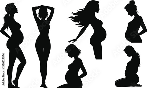 Pregnant women silhouettes in various poses black white background