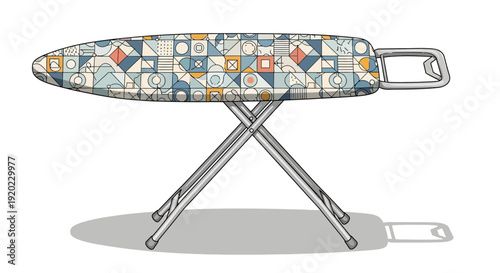 A detailed illustration of an ironing board with a modern geometric patterned cover and metal legs, ready for household chores.