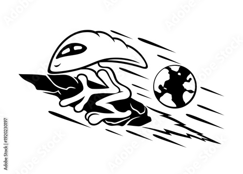 Extraterrestrial alien and planet Earth icon on white background.