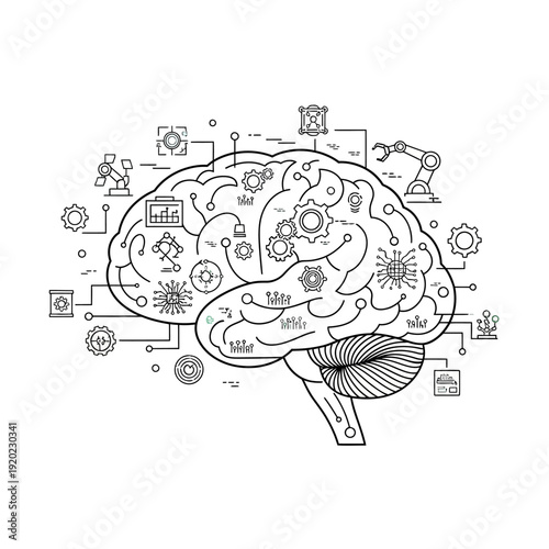 Human Brain with Gears and Cogs Illustrating Thought Process and Innovation.