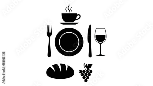 Table setting with food and drink icons for a meal.