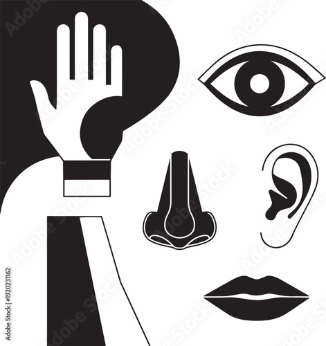 Black and white of human senses body parts nose mouth hand