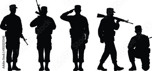 Military soldier silhouettes set, armed army men standing saluting kneeling with rifles, black vector isolated on white background