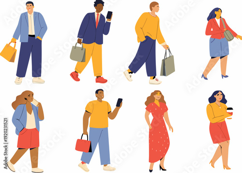 Diverse group of people walking using phones and carrying shopping bags