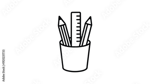 Minimalist vector line art icon of a pencil cup with pencils and a ruler. Symbolizes school, office, education, and creative work
