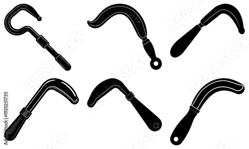 Collection of various curved metal hooks and sickles arranged in a circular pattern on a clean background