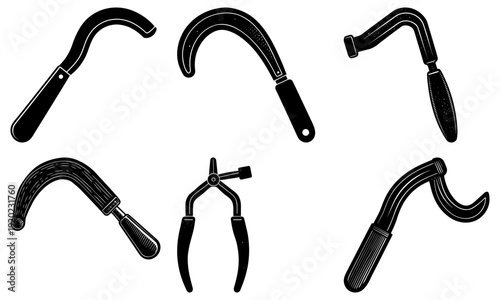 Collection of various black gardening tools including trowels and pruners displayed against a white background