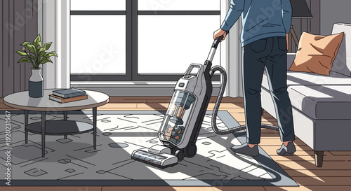 A person is vacuuming a patterned rug in a sunlit living room, with a sofa, coffee table, and plant visible.