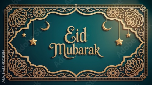Elegant Eid Mubarak greeting with golden Arabic ornaments crescent moons and stars
