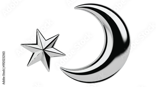 Metallic 3D crescent moon and star symbol. Polished silver icon isolated on white, representing spiritual and cultural themes