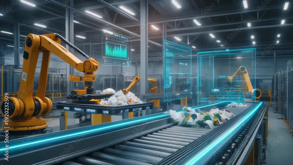 Futuristic automated recycling facility with AI robotic arms sorting ...