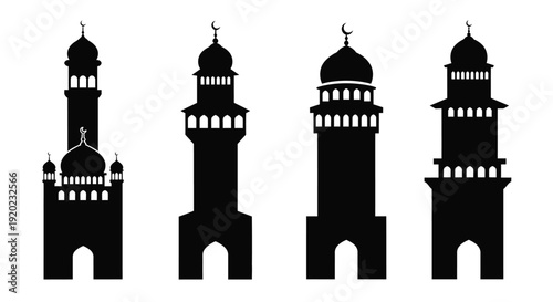Four islamic mosque minarets in a striking black silhouette