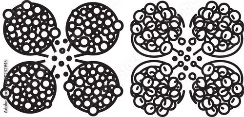 Abstract pattern of interconnected circles and dots, minimalist black and white vector art, seamless design element.