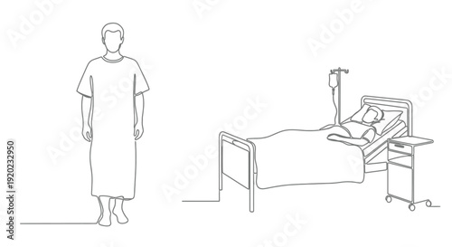 Hospital scene with patient in bed and standing doctor silhouette