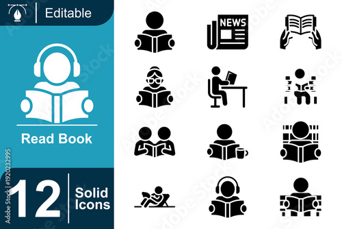 Collection of 12 Editable Solid Icons Representing Various Activities and Concepts Related to Reading and Learning