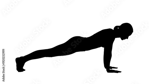 Silhouette of a woman doing push-ups on a white background.