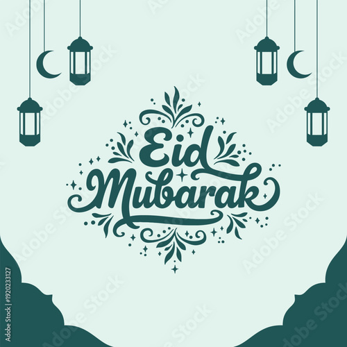 Eid Mubarak Celebration: A beautifully crafted festive greeting card, adorned with elegant calligraphy and traditional lanterns. Ideal for conveying heartfelt wishes during this special occasion.