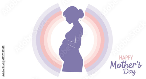 A minimalist Mother's Day illustration featuring a pregnant woman silhouette in purple, surrounded by a pastel-colored circular design with a 'Happy Mother's Day' message in a modern, flat
