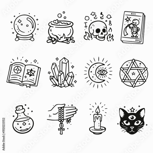 Magical symbols and mystical elements illustrated, evoke a sense of mystery and spiritual power. Conjuring the mystic arts with line art illustrations.