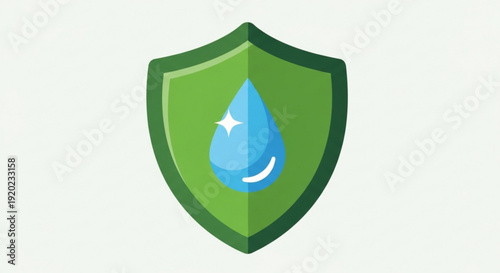 Green shield icon with blue water droplet symbol and white sparkle on protective background