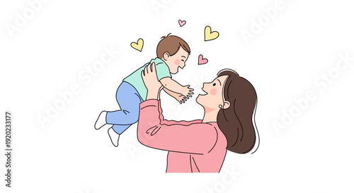 A cheerful mother playfully lifts her happy baby up in the air, surrounded by colorful hearts, in a cute illustration with pastel colors and a flat design on a white background.