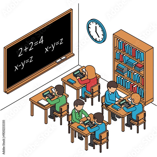 Students working on laptops in a classroom with a teacher.