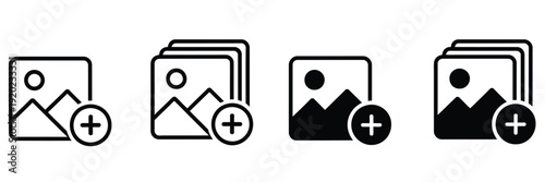 Add photo and picture icon set, attach new image symbols, edit album and gallery illustrations, upload and insert media icons, editable vector set