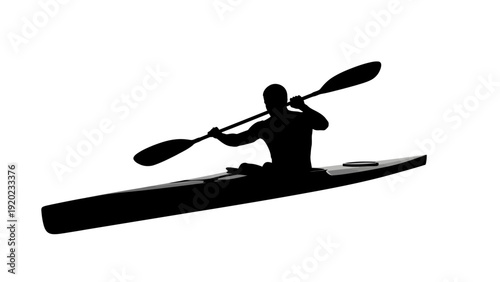 Silhouette of a Kayaker Paddling on White Background.