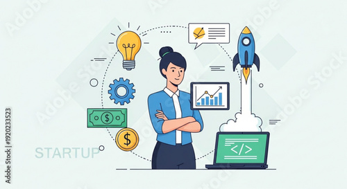 Confident businesswoman with arms crossed standing next to laptop and startup ideas