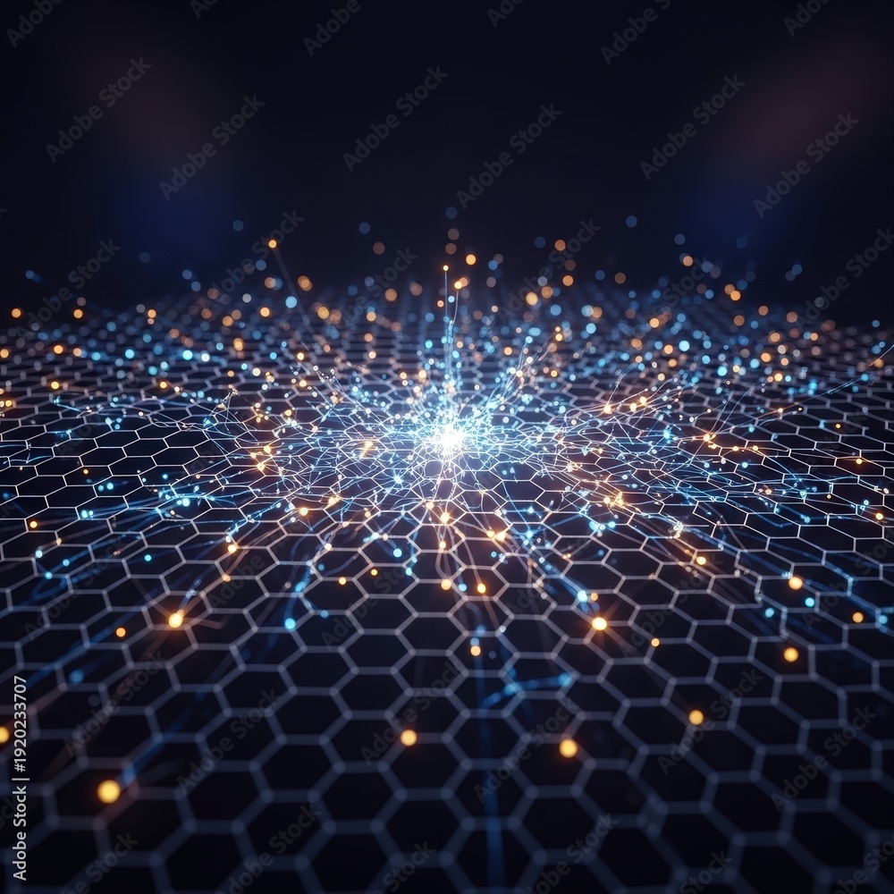 Fototapeta premium Glowing data burst spreading across a dark hexagonal network grid