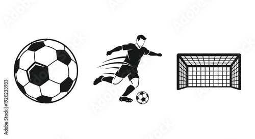 Soccer player running with ball goal and equipment silhouette
