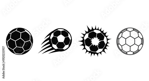 Four black soccer balls with varying designs a graphic silhouette