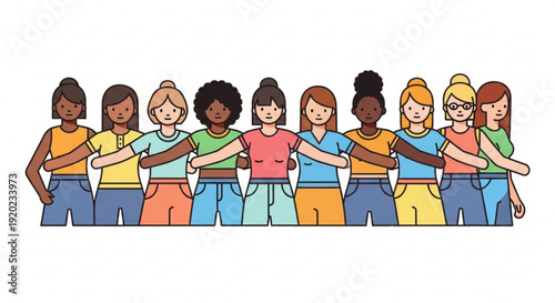Diverse group of women standing together with arms crossed in solidarity and friendship on white background