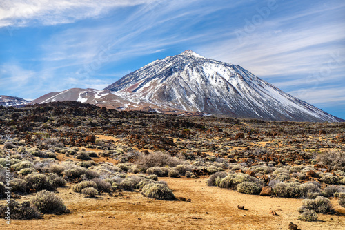 Scenic view of the snow-capped Mount Teide volcano in Teide National Park, Tenerife, Canary Islands, Spain. The landscape features volcanic rock, shrubs, and a sunny sky.