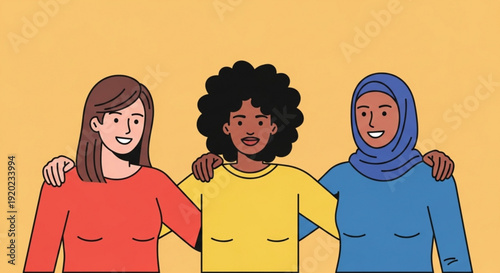 Diverse women in casual wear standing together in unity and friendship with arms around each other on a yellow background
