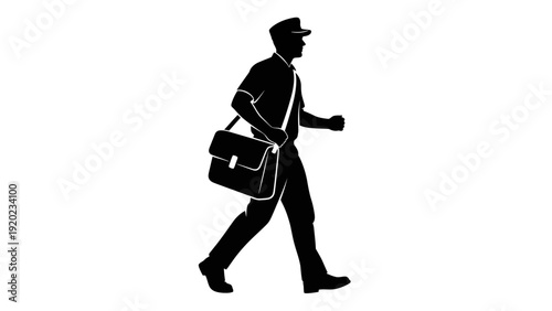 Silhouette of a mail carrier walking with a satchel.