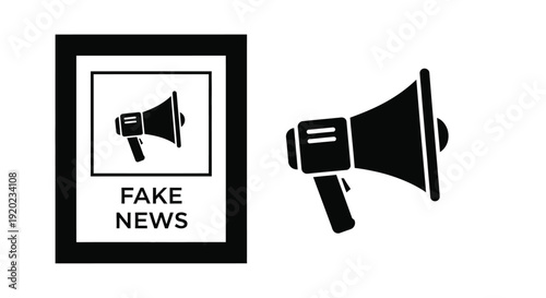 Two megaphone icons with a fake news label black silhouette
