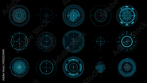 Collection of futuristic teal circular targeting system interfaces