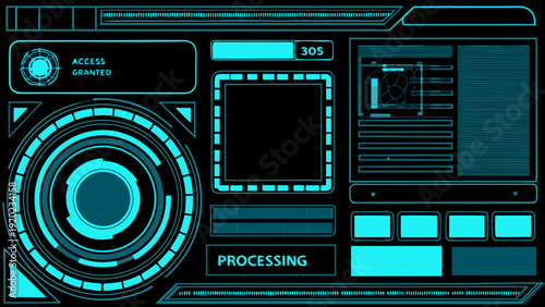 Futuristic user interface elements with glowing cyan lines on a black background