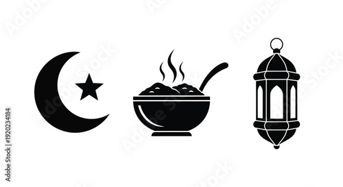Ramadan symbols crescent moon food and lantern a black silhouette