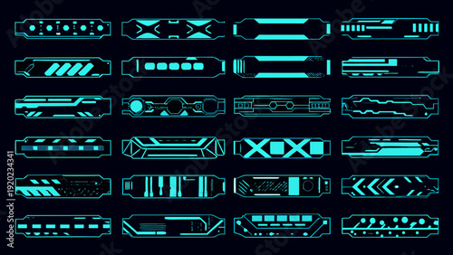 Futuristic user interface elements and glowing teal technology frames