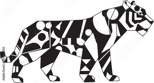 Black and white geometric abstract tiger silhouette walking animal