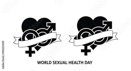 Two hearts with gender symbols and a ribbon world sexual health day silhouette