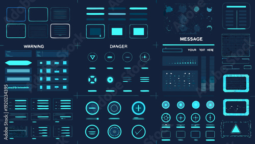 A collection of futuristic user interface elements in shades of teal
