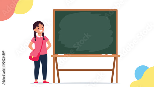 Young schoolgirl with black pigtails and a pink shirt stands confidently next to a large blank green chalkboard.
