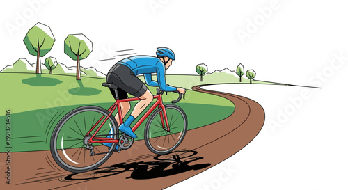 A male cyclist in a blue jersey and helmet rides a red road bike on a winding dirt path through a green park.