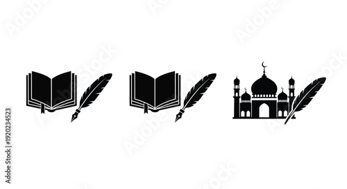 Books feathers and the taj mahal in dark silhouette